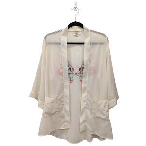 Ya Los Angeles Sheer Off-White Embroidered Kimono Style Top